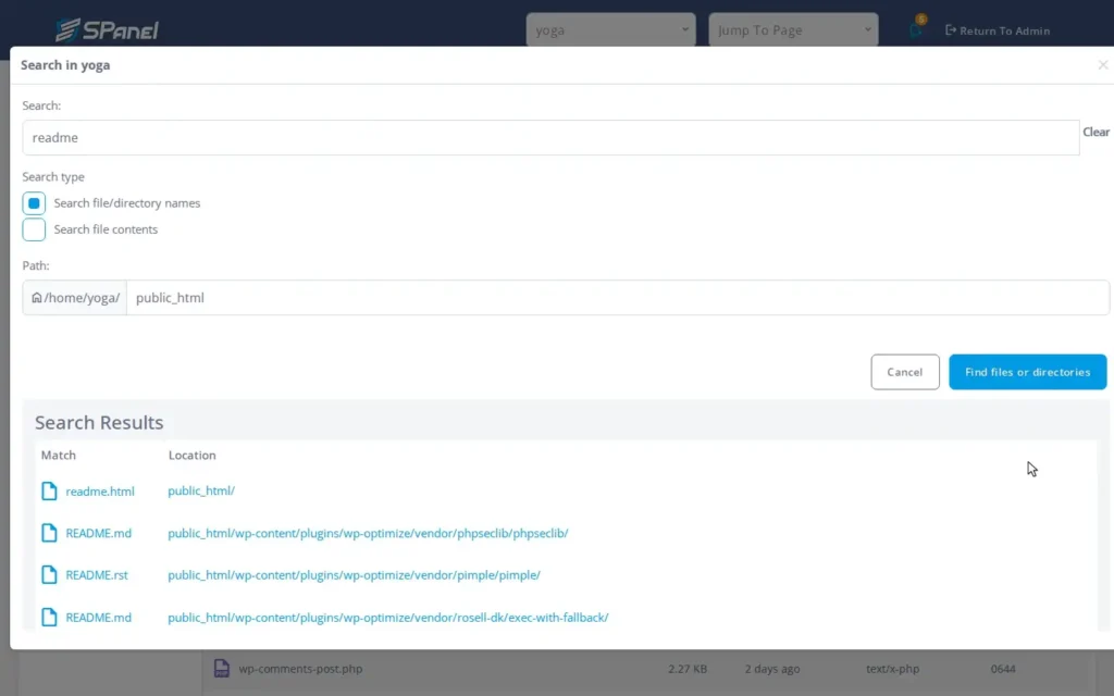 How to Search for Files and Text Inside Files in SPanel’s File Manager, Step-by-step 2