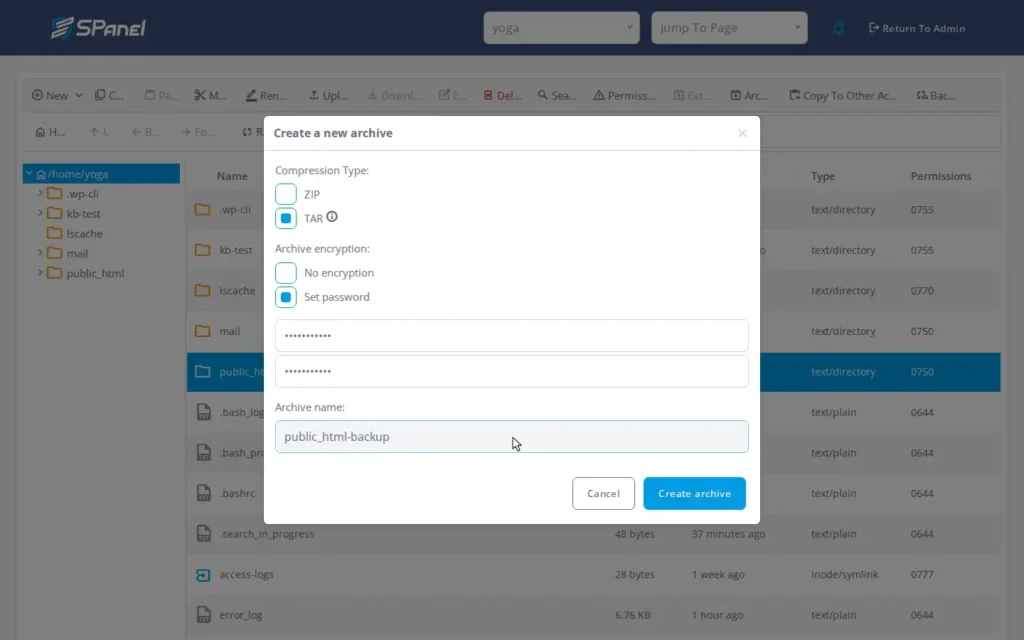 How to Create and Extract Archives in SPanel’s File Manager, Step-by-step 2