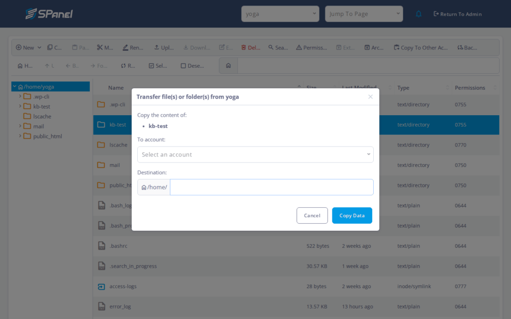 How to Transfer Files Between Accounts in SPanel’s File Manager, Step-by-step 2