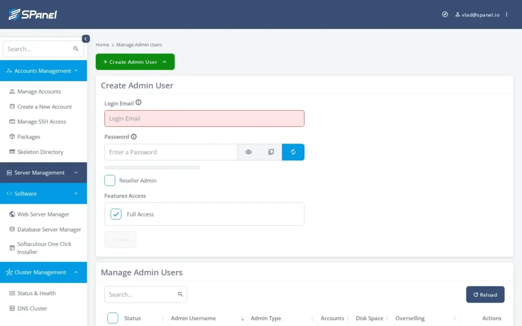 How to Add a Second Admin in SPanel and Limit Exactly Which Pages They Can Access, Step 2: Create the admin